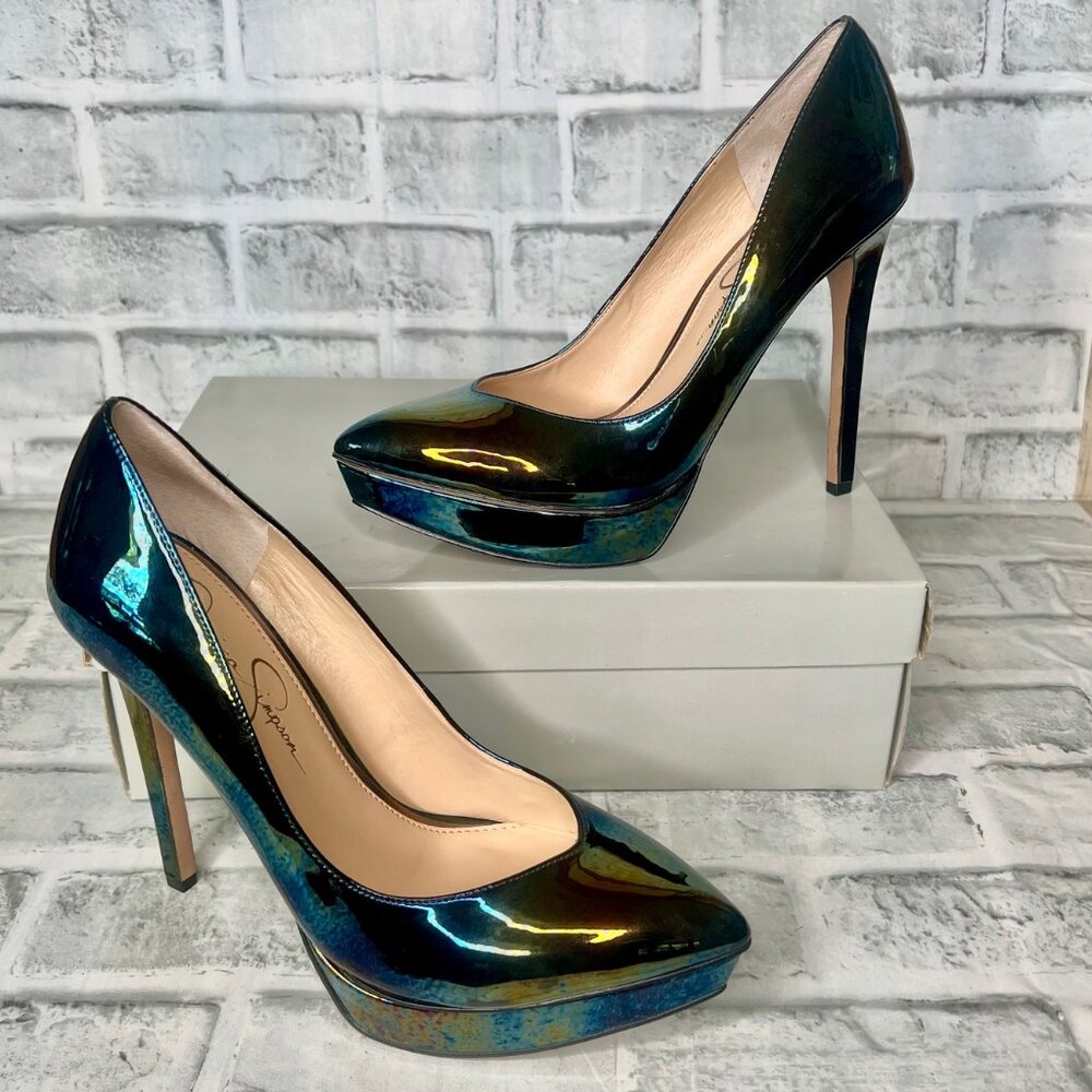 Jessica Simpson Venisse Black/Gasoline Patent Heels- New 7.5